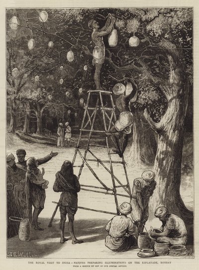 Het koninklijk bezoek aan India, inboorlingen bereiden verlichting voor op de Esplanade, Bombay door Samuel Edmund Waller